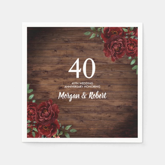 Red Rose Rustic Wood 40th Wedding Anniversary Napkins (Front)