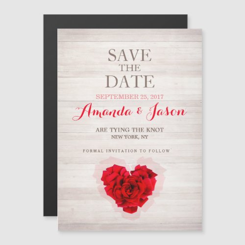 Red rose save the dates magnetic card hhn01 - Heart shaped red rose on wood background save the date magnetic card. Matching products available. Search "hhn01" to see all products with this elegant / romantic red rose design