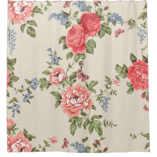 RED ROSE SEAMLESS PATTERN WITH BLUE BELLSpattern,f Shower Curtain