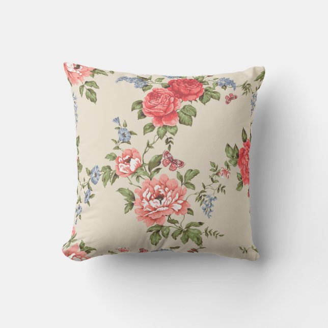 RED ROSE SEAMLESS PATTERN WITH BLUE BELLSpattern,f Throw Pillow (Front)