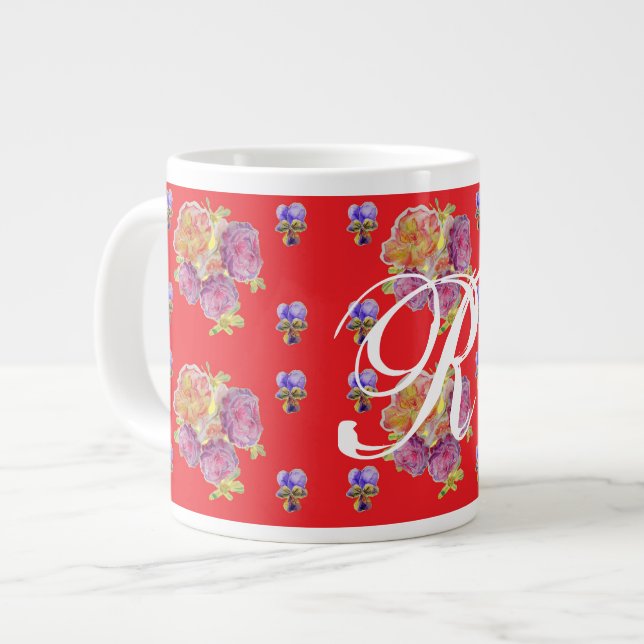 Red Rose Shabby Chic Rose Pattern Floral Initial   Giant Coffee Mug (Front Left)