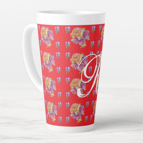 Red Rose Shabby Chic Rose Pattern Floral Initial   Latte Mug