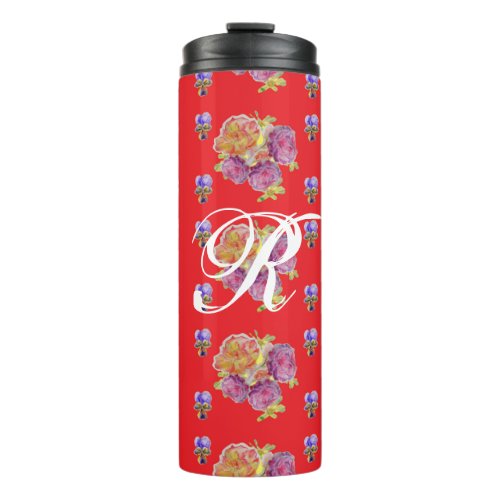 Red Rose Shabby Chic Rose Pattern Floral Initial Thermal Tumbler