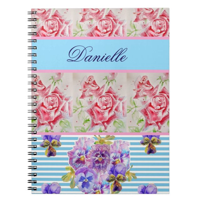 Red Rose Shabby Chic Watercolor Roses Pink Blue Notebook (Front)