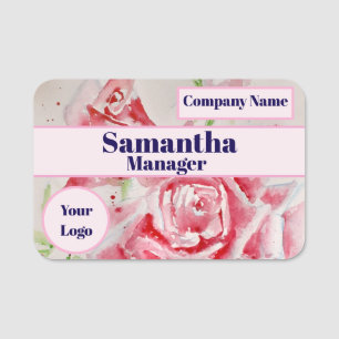 Red Rose Shabby Chic Watercolor Roses Pink Floral Name Tag