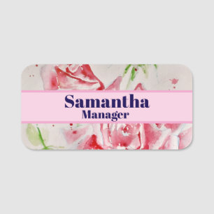 Red Rose Shabby Chic Watercolor Roses Pink Floral Name Tag