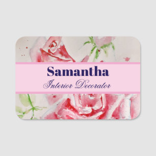 Red Rose Shabby Chic Watercolor Roses Pink Floral Name Tag