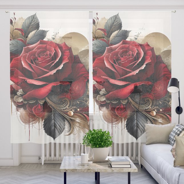 Red Rose Sheer Curtains (Living Room)