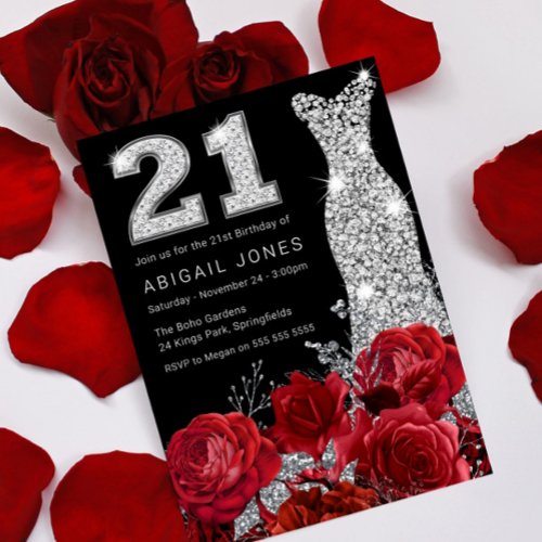Red Rose Silver Diamond Dress 21st Birthday Party Invitation