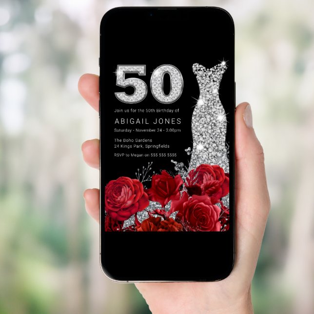 Red Rose Silver Diamond Number Dress 50th Birthday Invitation (Front Digital)
