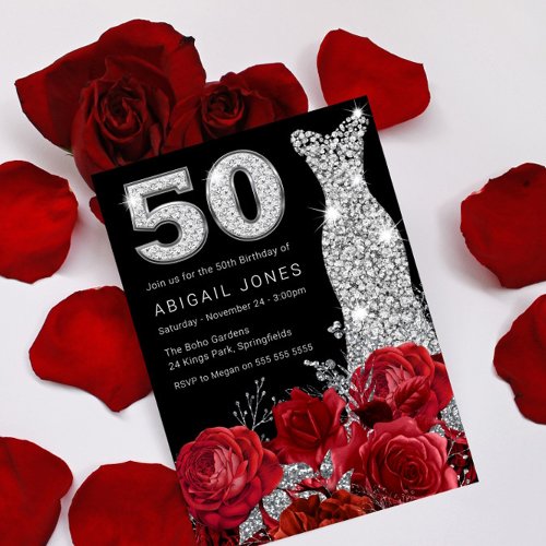 Red Rose Silver Diamond Number Dress 50th Birthday Invitation