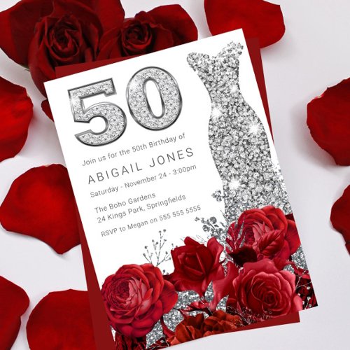 Red Rose Silver Diamonte Dress 50th Birthday Invitation