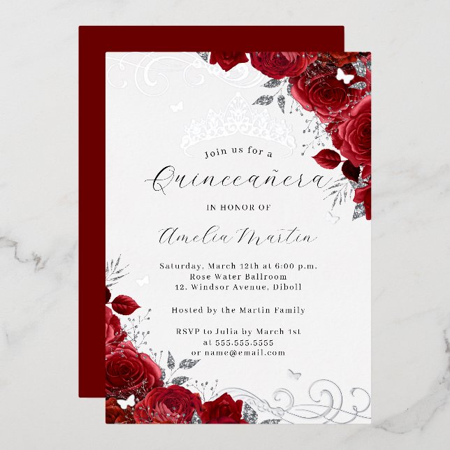 Red Rose Silver Floral Swirl Quinceanera   Foil Invitation (Front/Back)