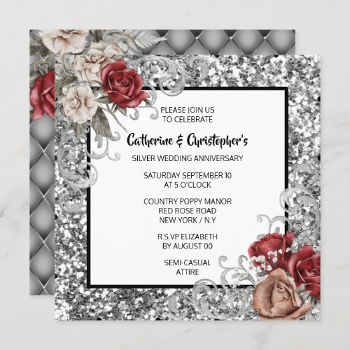 Red rose silver glitter shimmer vintage roses chic invitation