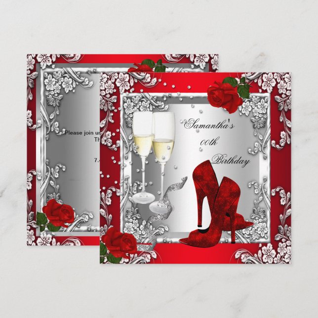 Red Rose Silver High Heel Shoes Any Age Party Invitation (Front/Back)