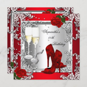 Red Rose Silver High Heel Shoes Any Age Party Invitation