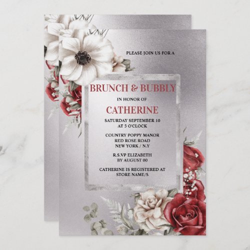 Red rose silver poppy elegant floral botanical  invitation