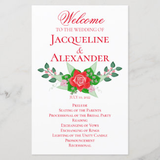 Red Rose Simple Wedding Theme Program Paper Sheet