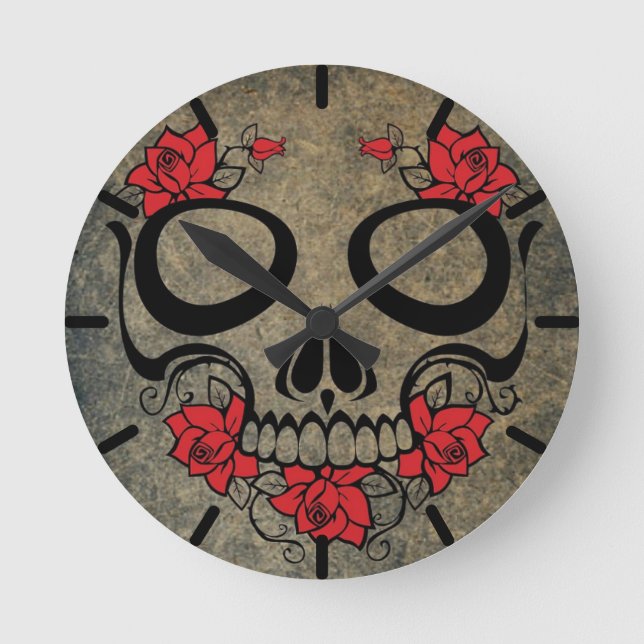 Red Rose Skull Round Clock (Front)