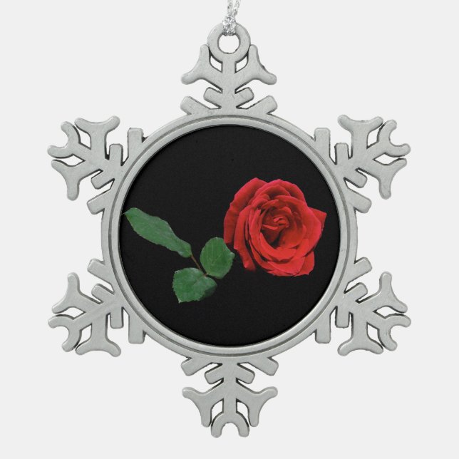 Red Rose Snowflake Pewter Christmas Ornament (Front)