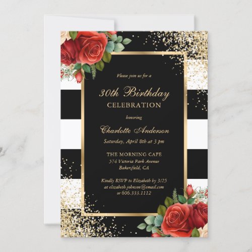 Red Rose Sparkle Black Gold Floral 30th Birthday Invitation