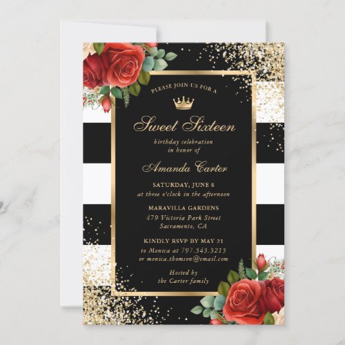 Red Rose Sparkle Black Gold Sweet Sixteen Birthday Invitation