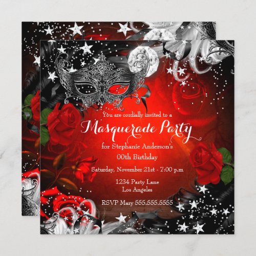 Red Rose Sparkle Magical Night Masquerade Party Invitation