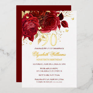 Red Rose Sparkling Butterfly 90th Birthday  Foil Invitation