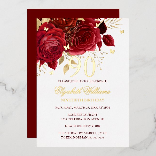 Red Rose Sparkling Butterfly 90th Birthday  Foil Invitation (Front/Back)