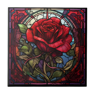 Red Rose Stained Glass Ceramic Tile