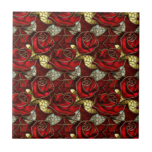 Red Rose Stained Glass Pattern Ceramic Tile