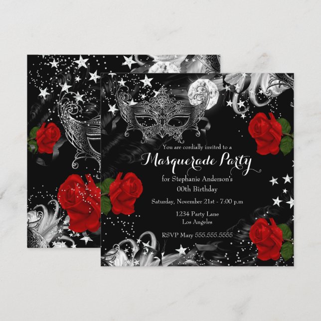 Red Rose Starry Magical Night Masquerade Party Invitation (Front/Back)