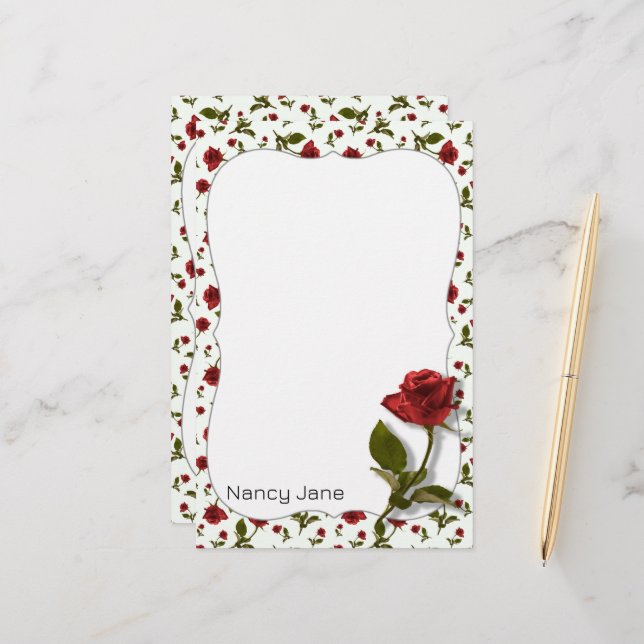 Red Rose & Stem - Floral Photography Pattern Stationery (Front/Back In Situ)