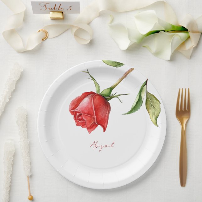 Red Rose Stem Personalized Name Bridal Shower Paper Plates (Wedding)