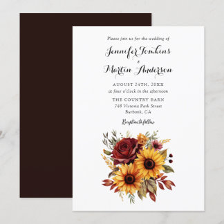 Red Rose Sunflower Autumn Fall Floral Wedding Invitation