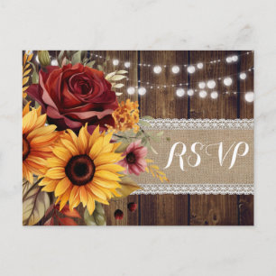 Red Rose Sunflower Rustic Wedding RSVP Postcard