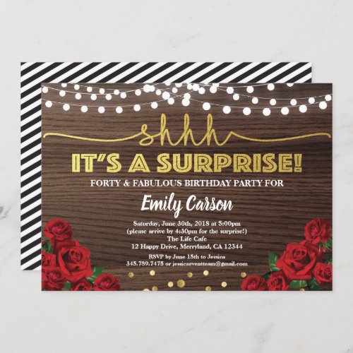 Red rose surprise 40th birthday party invitation