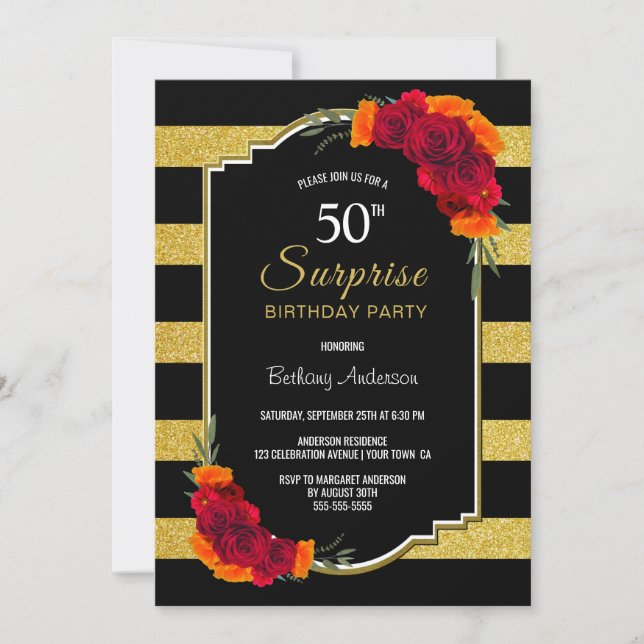 Red Rose Surprise 50th Birthday Party Invitation (Front)