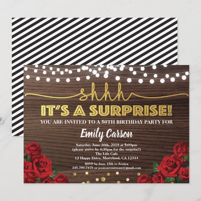 Red rose surprise 50th birthday party invitation (Front/Back)