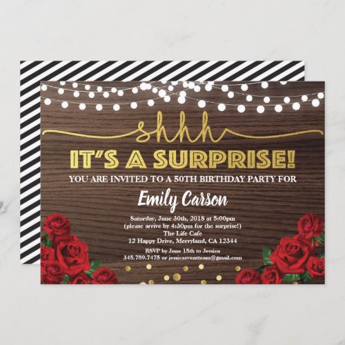 Red rose surprise 50th birthday party invitation