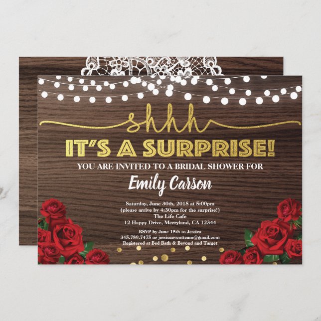 Red rose surprise bridal shower invitation (Front/Back)