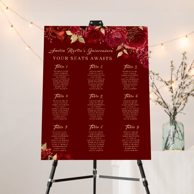 Red Rose Swirl gold Quinceanera  Seating Chart  Foam Board (In Situ (Stand))