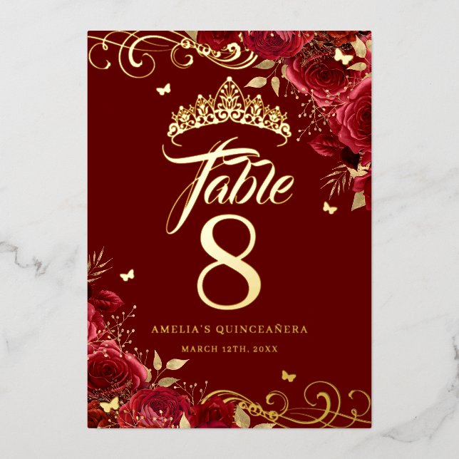 Red Rose Swirl Quinceanera Gold Table Number  (Front)