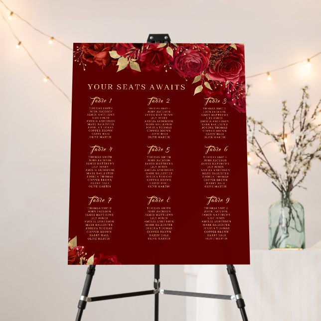 Red Rose Swirl Quinceañera Seating Chart  Foam Board (In Situ (Stand))