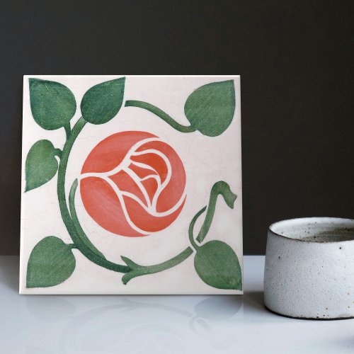 Red Rose Symmetric Art Deco Ceramic Tile