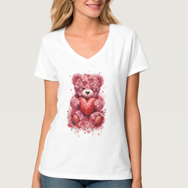 “Red Rose Teddy Bear – Cute Valentine Gift for Her T-Shirt (Front)