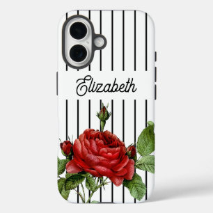 Red Rose Trendy Black and White Pinstripe Stripes iPhone 16 Case
