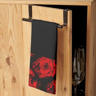 Red Rose Trim on Black Hand or Kitchen Towel