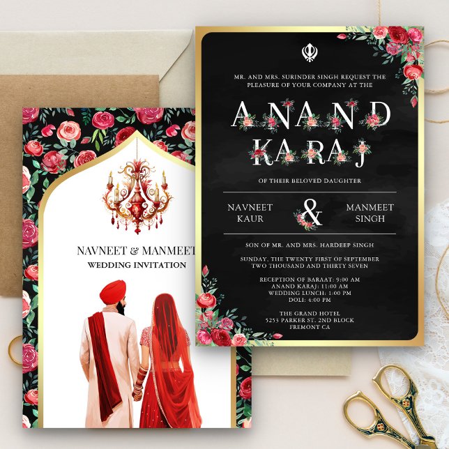 Red Rose Typography Black Anand Karaj Sikh Wedding Invitation (Creator Uploaded)