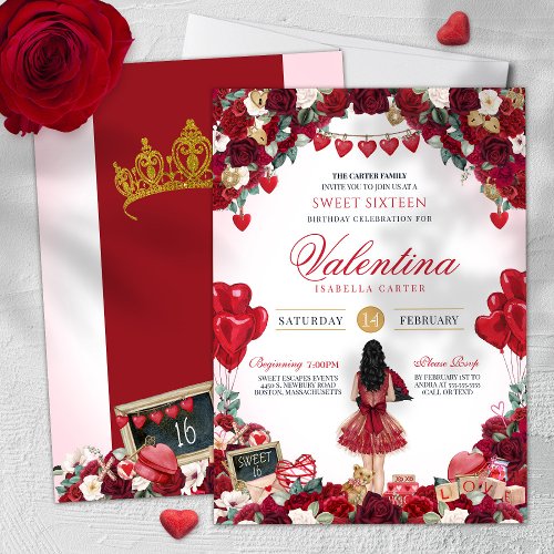 Red Rose Valentines Day Sweet 16 Birthday Party  Invitation